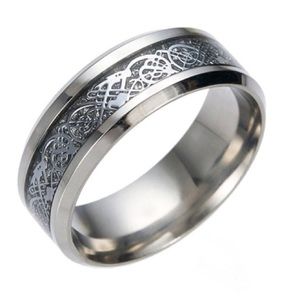 Size 8 Stainless Steel w/ Black Inlaid Dragon Ring